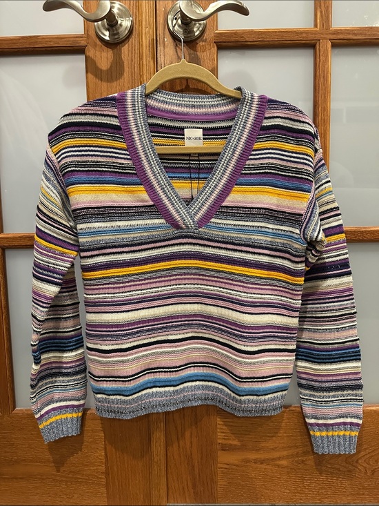 NIC+ZOE Sweaters - NIC+ZOE Striped V-Neck Sweater in Purple, Yellow, Blue & Cream